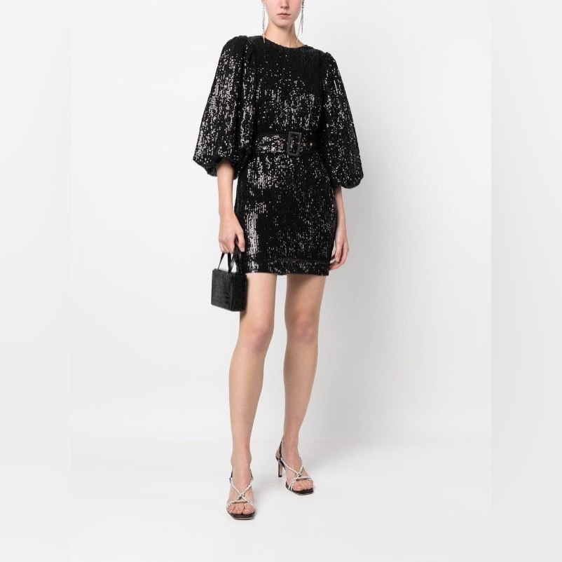 New Bytimo M Black Sequined Mini Dress Puff Sleeves Nordstrom $466 - *Flaw*